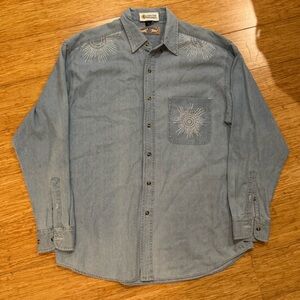 Christine Alexander rhinestone light wash denim button down blouse